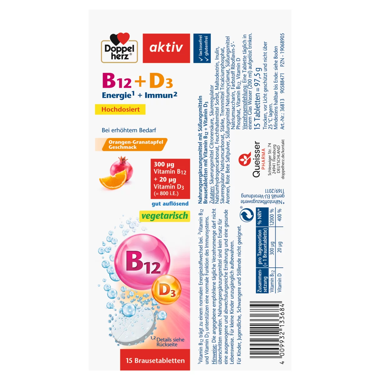 Abbildung der Produktverpackung Doppelherz aktiv Vitamin B12 + D3 Brausetabletten Seitenansicht links